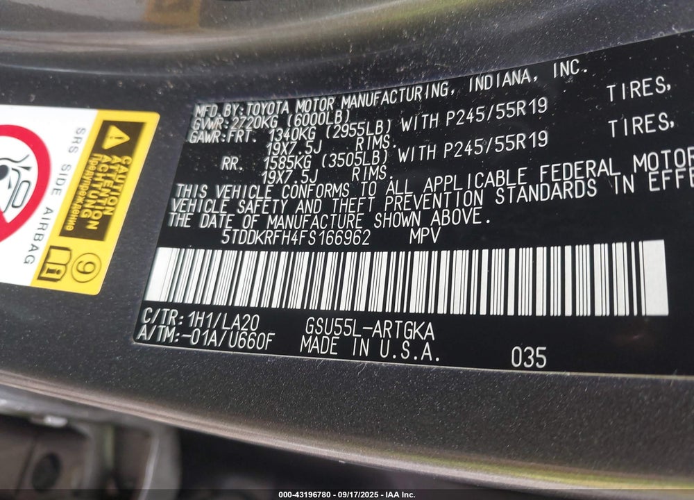 2015 TOYOTA HIGHLANDER VIN: 5TDDKRFH4FS166962