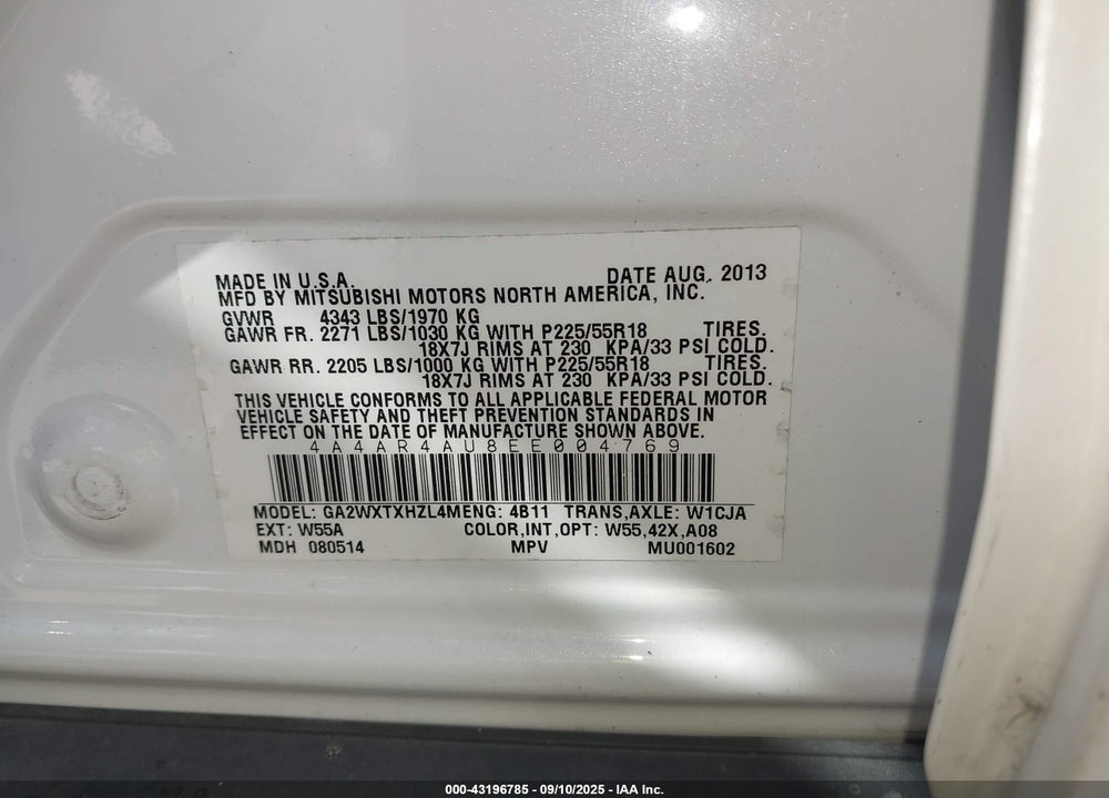 2014 MITSUBISHI OUTLANDER SPORT VIN: 4A4AR4AU8EE004769