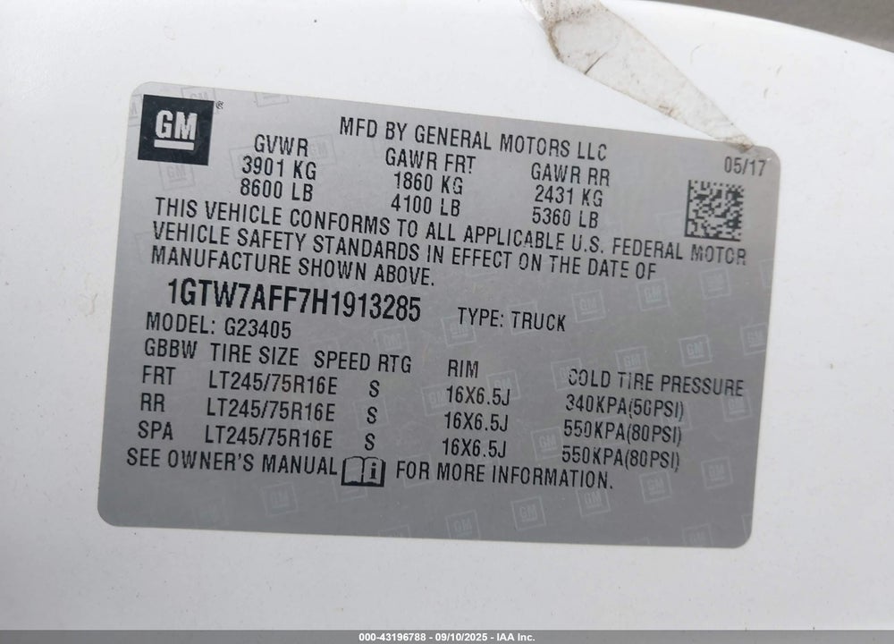 2017 GMC SAVANA 2500 VIN: 1GTW7AFF7H1913285