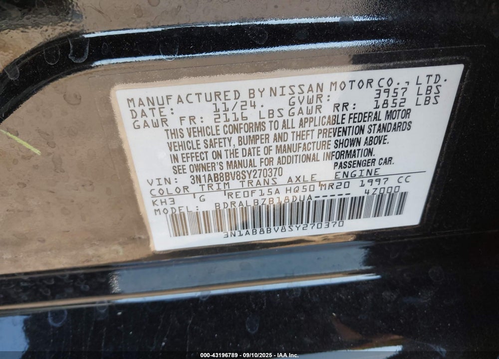 2025 NISSAN SENTRA VIN: 3N1AB8BV8SY270370