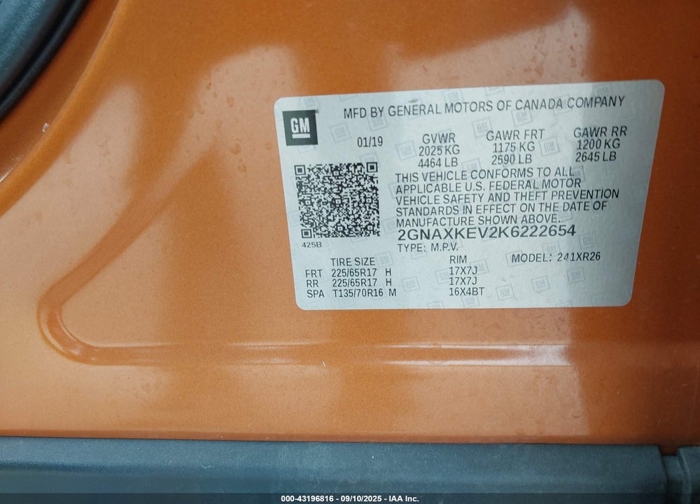 2019 CHEVROLET EQUINOX VIN: 2GNAXKEV2K6222654