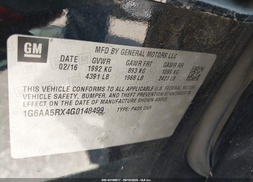 2016 CADILLAC ATS STANDARD VIN: 1G6AA5RX4G0148499
