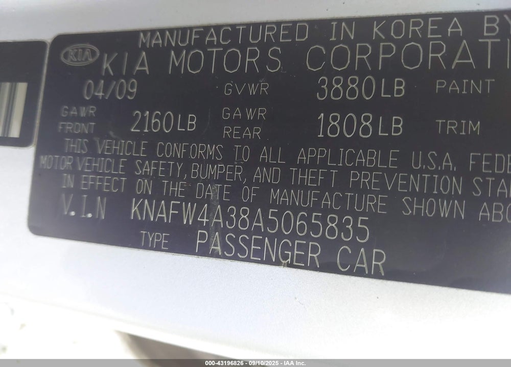 2010 KIA FORTE VIN: KNAFW4A38A5065835