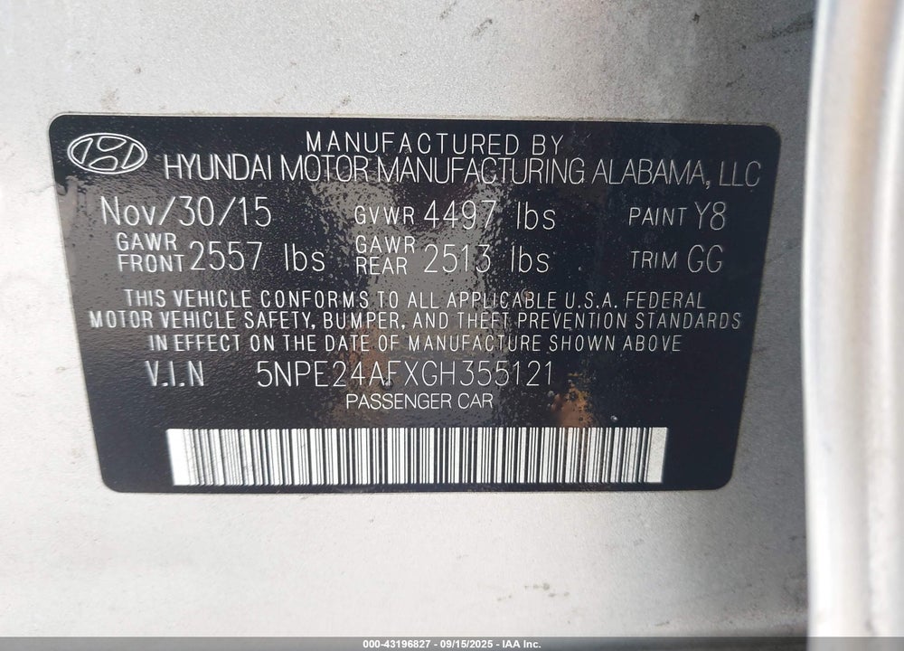 2016 HYUNDAI SONATA VIN: 5NPE24AFXGH355121