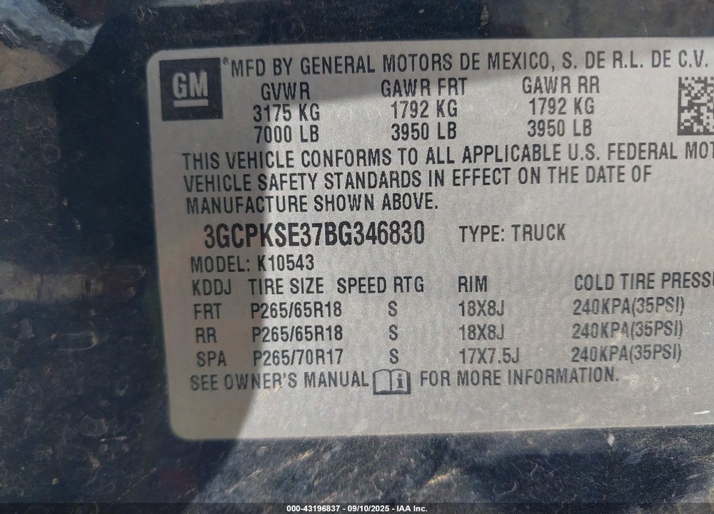 2011 CHEVROLET SILVERADO 1500 VIN: 3GCPKSE37BG346830