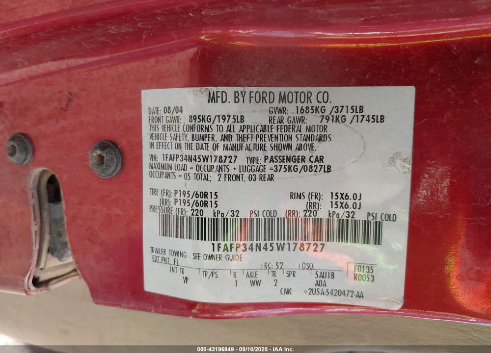 2005 FORD FOCUS ZX4 VIN: 1FAFP34N45W178727