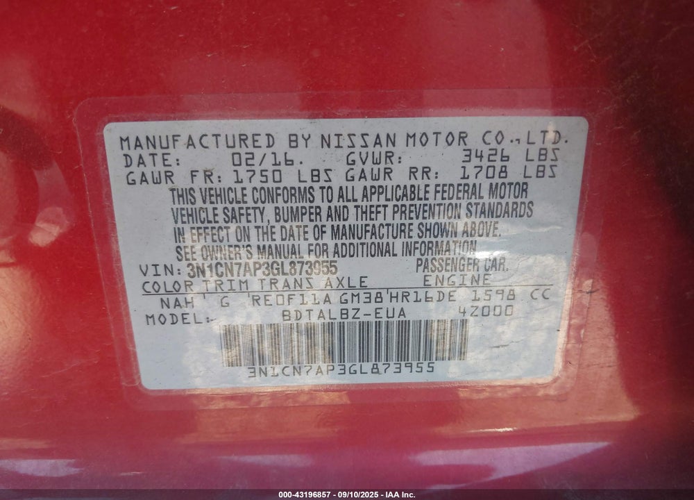 2016 NISSAN VERSA 1.6 SV VIN: 3N1CN7AP3GL873955