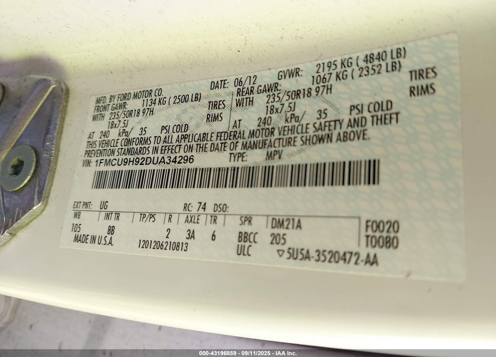 2013 FORD ESCAPE VIN: 1FMCU9H92DUA34296