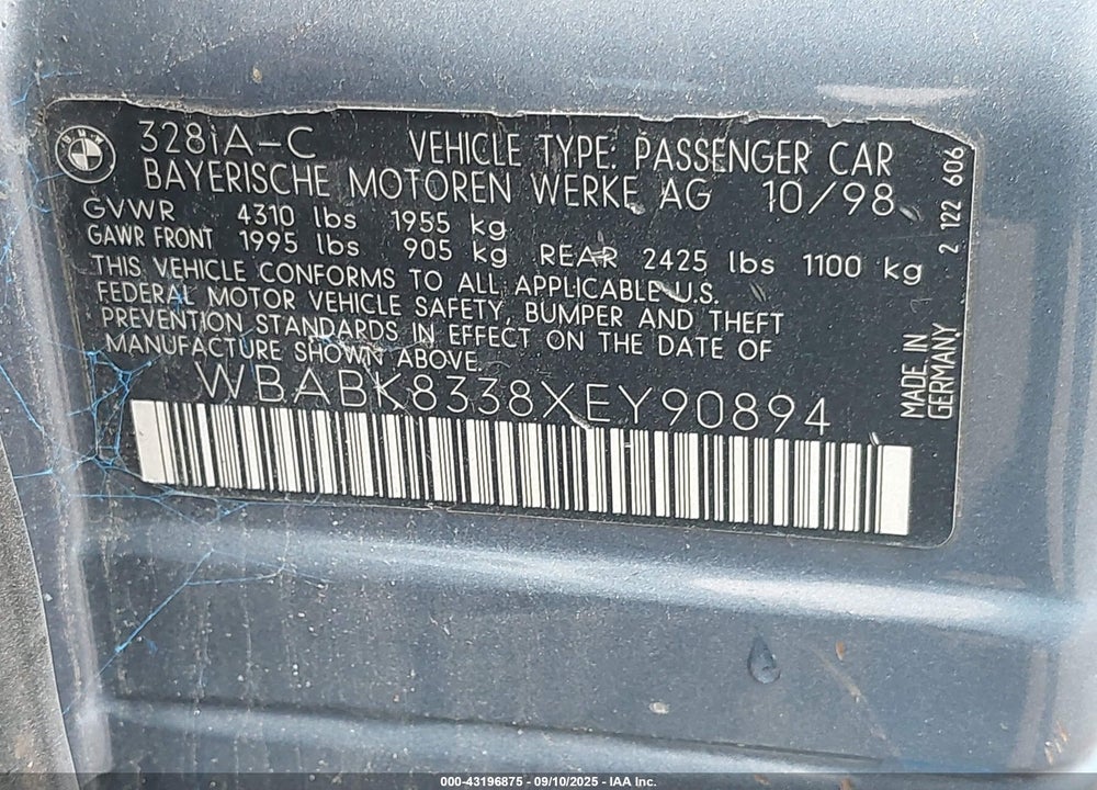 1999 BMW 328IC VIN: WBABK8338XEY90894