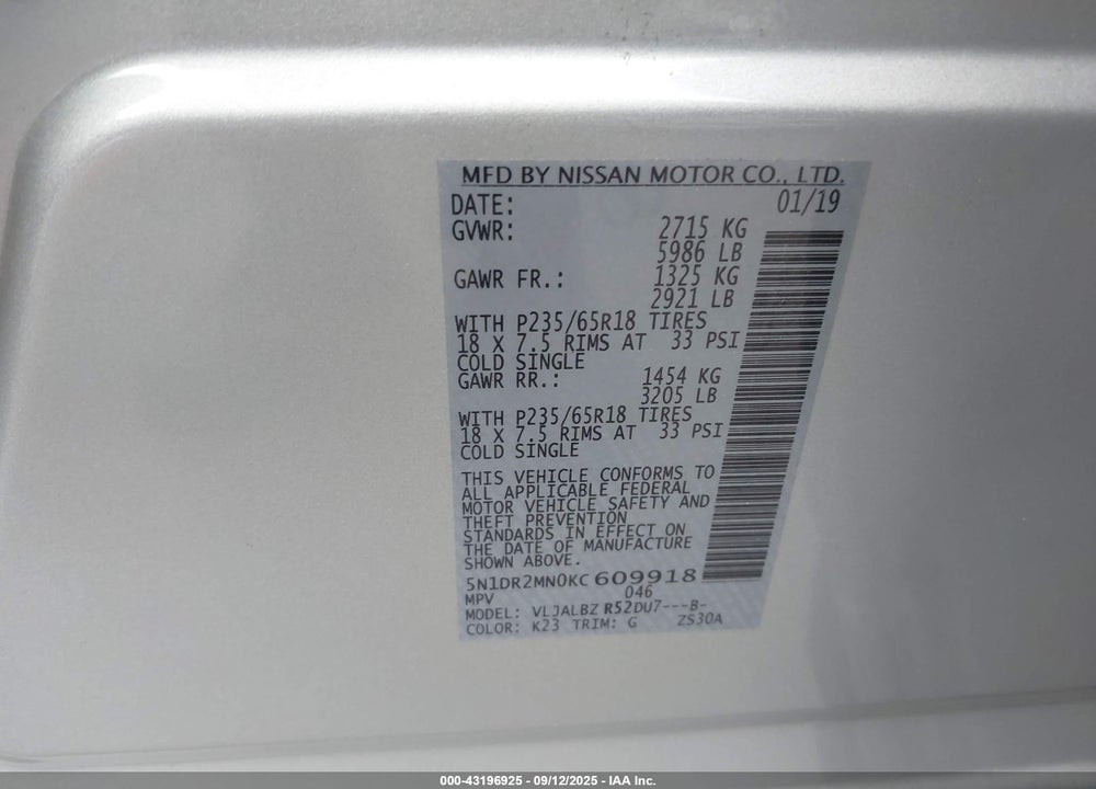 2019 NISSAN PATHFINDER S VIN: 5N1DR2MN0KC609918