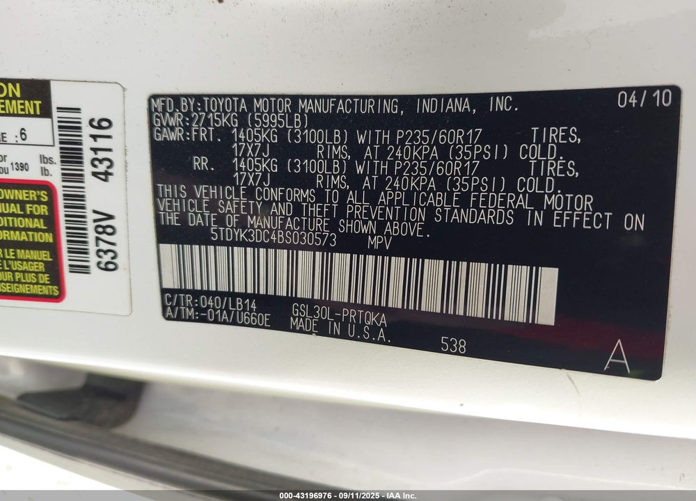 2011 TOYOTA SIENNA XLE V6 VIN: 5TDYK3DC4BS030573