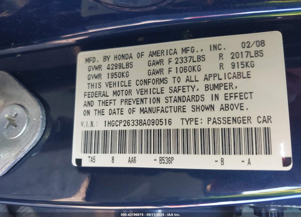 2008 HONDA ACCORD 2.4 LX VIN: 1HGCP26338A090516
