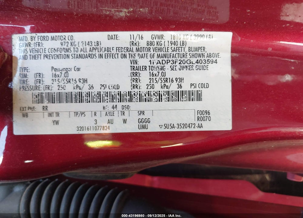 2016 FORD FOCUS VIN: 1FADP3F20GL403594