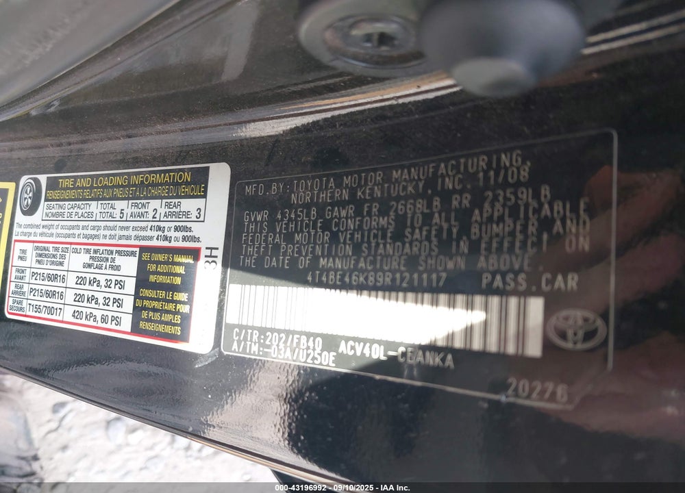 2009 TOYOTA CAMRY VIN: 4T4BE46K89R121117