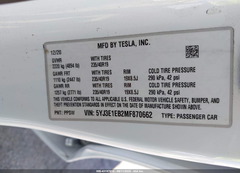 2021 TESLA MODEL 3 VIN: 5YJ3E1EB2MF870662