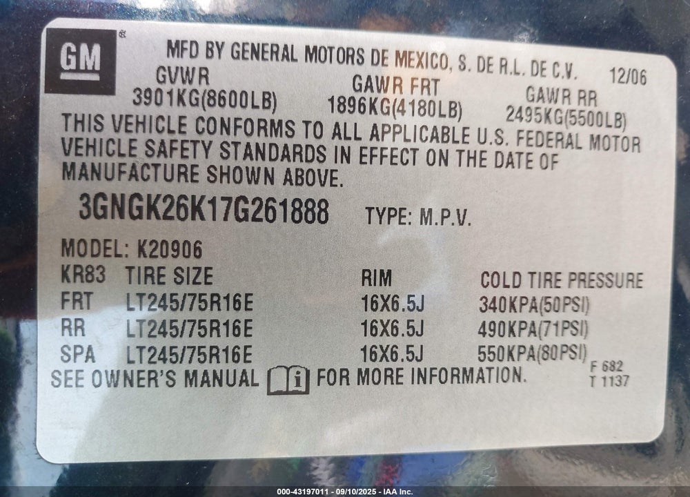 2007 CHEVROLET SUBURBAN 2500 LT VIN: 3GNGK26K17G261888