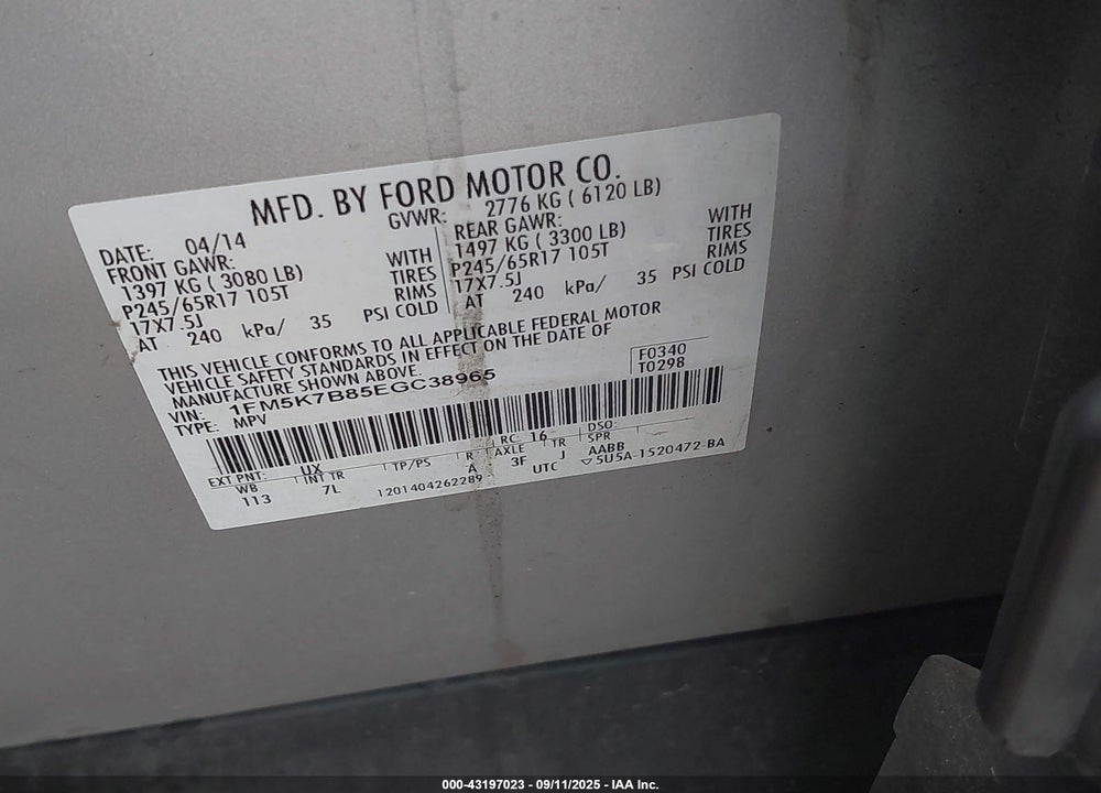 2014 FORD EXPLORER VIN: 1FM5K7B85EGC38965