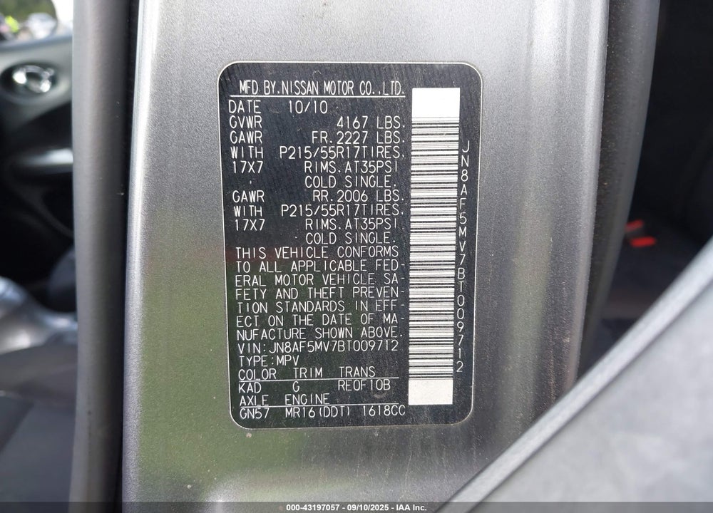 2011 NISSAN JUKE VIN: JN8AF5MV7BT009712