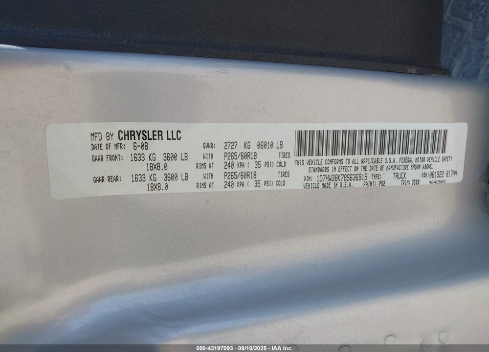 2008 DODGE DAKOTA SXT/BIGHORN/LONESTAR VIN: 1D7HW38K78S636915
