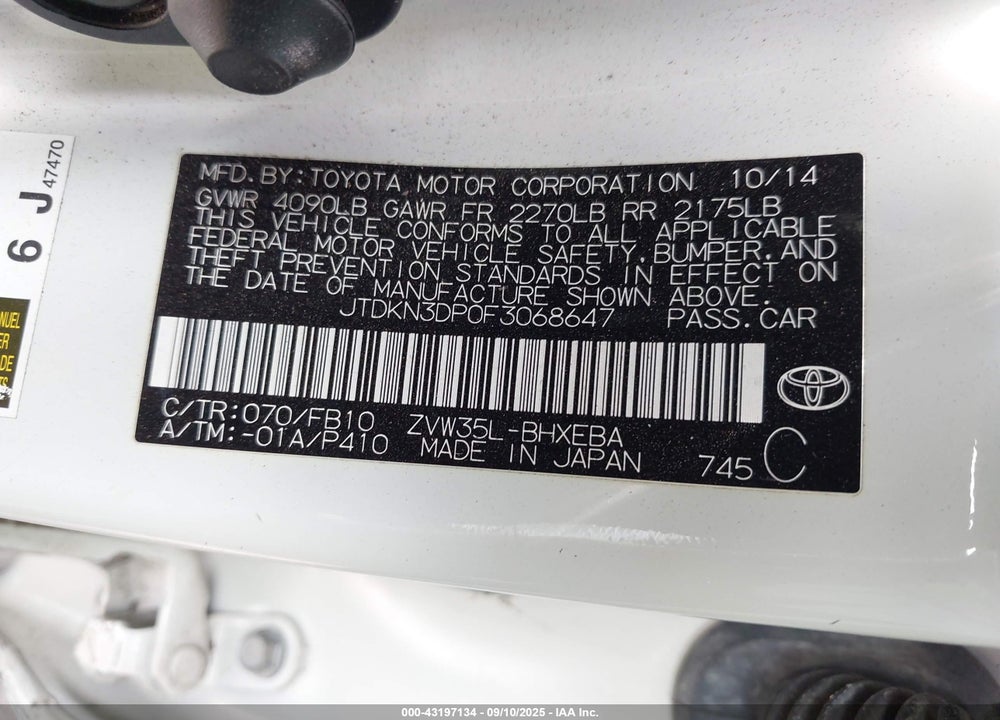 2015 TOYOTA PRIUS PLUG-IN VIN: JTDKN3DP0F3068647
