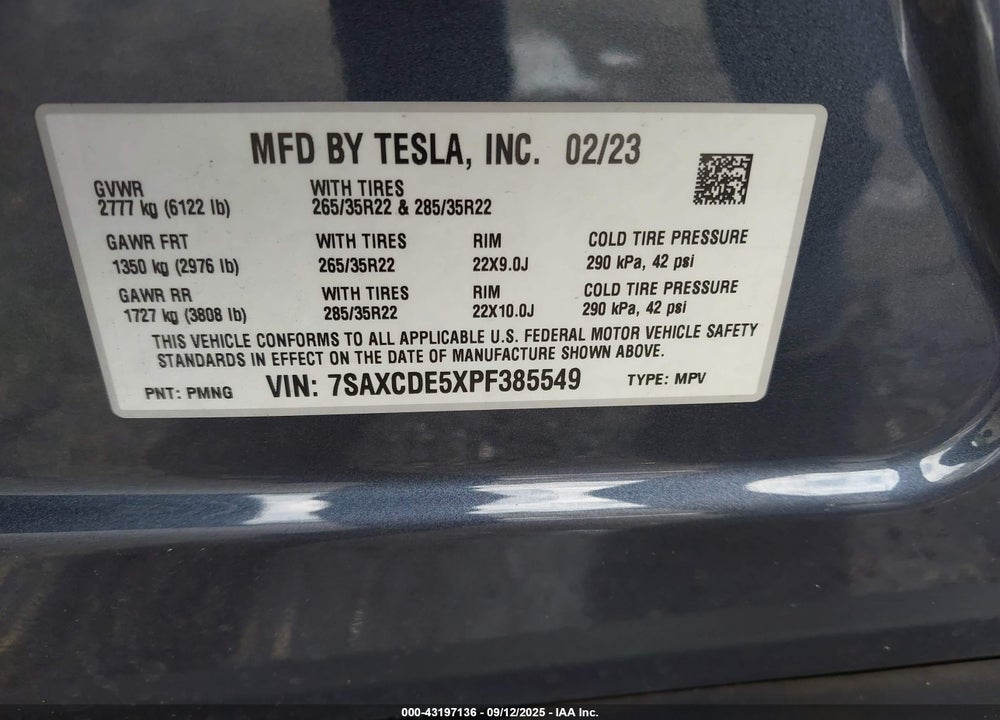 2023 TESLA MODEL X VIN: 7SAXCDE5XPF385549
