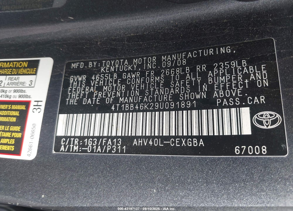 2009 TOYOTA CAMRY HYBRID VIN: 4T1BB46K29U091891