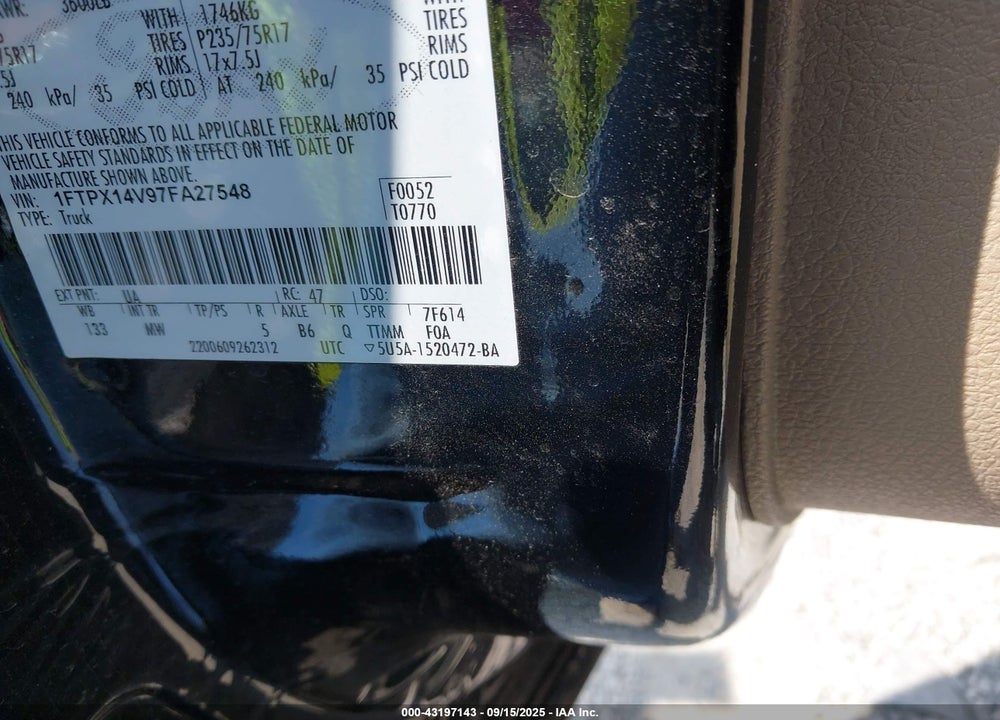 2007 FORD F-150 FX4/LARIAT/XL/XLT VIN: 1FTPX14V97FA27548