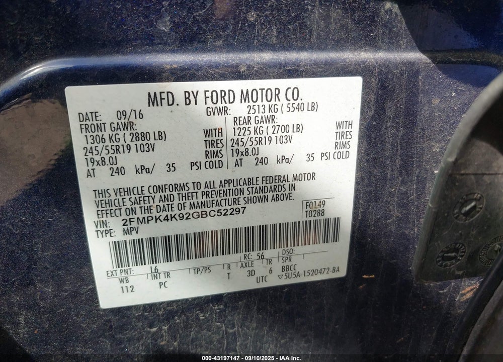 2016 FORD EDGE VIN: 2FMPK4K92GBC52297