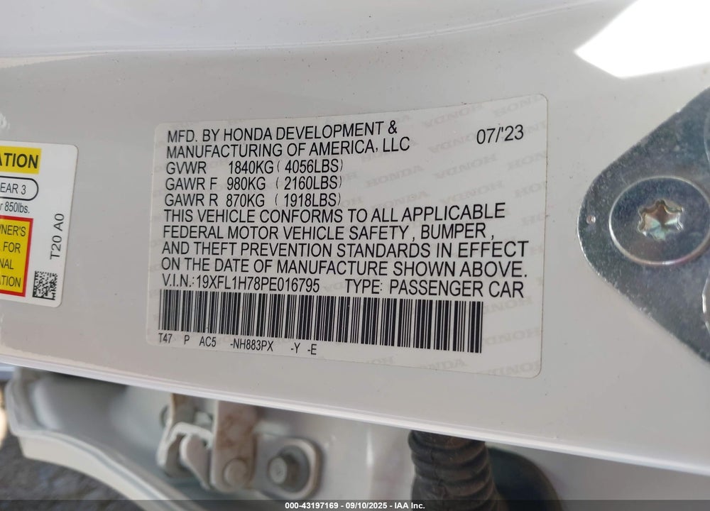 2023 HONDA CIVIC VIN: 19XFL1H78PE016795