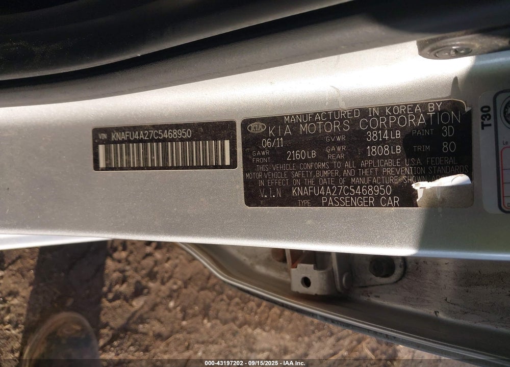 2012 KIA FORTE VIN: KNAFU4A27C5468950