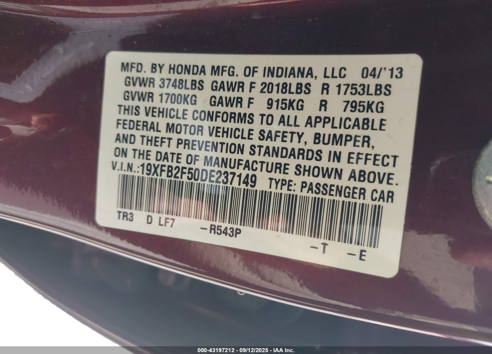 2013 HONDA CIVIC VIN: 19XFB2F50DE237149