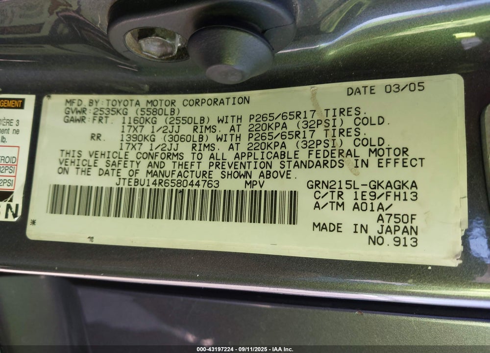 2005 TOYOTA 4RUNNER SR5 SPORT V6 VIN: JTEBU14R658044763