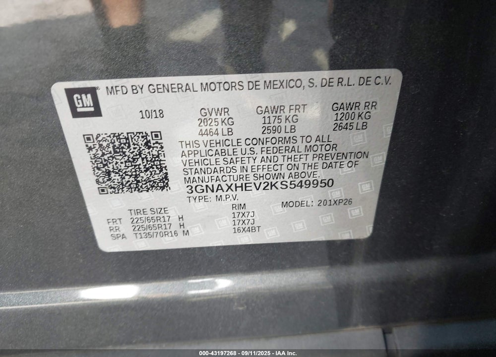 2019 CHEVROLET EQUINOX VIN: 3GNAXHEV2KS549950