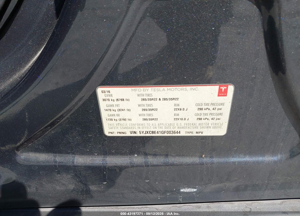 2016 TESLA MODEL X VIN: 5YJXCBE41GF003644