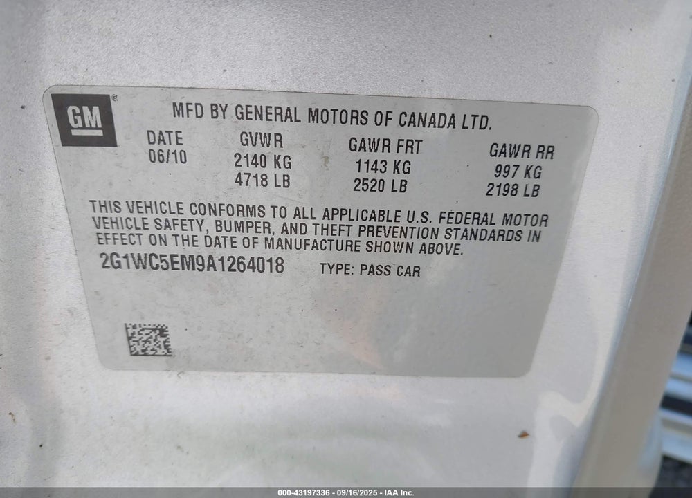2010 CHEVROLET IMPALA VIN: 2G1WC5EM9A1264018