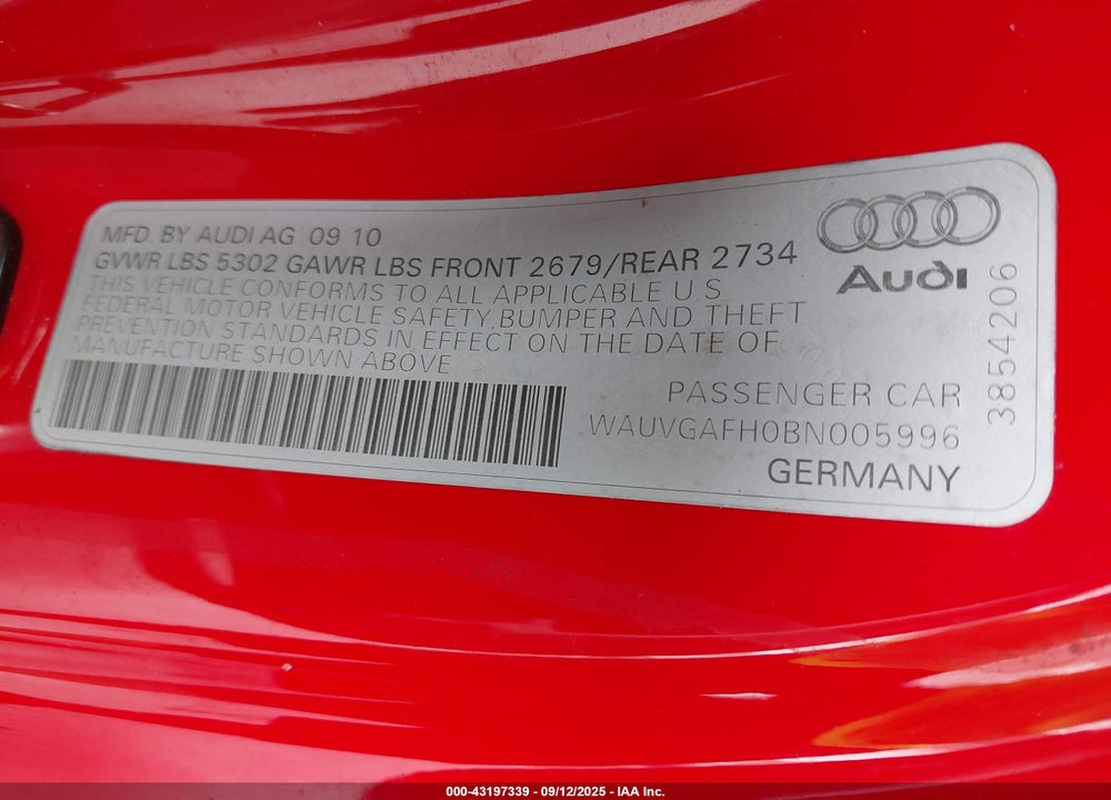 2011 AUDI S5 VIN: WAUVGAFH0BN005996