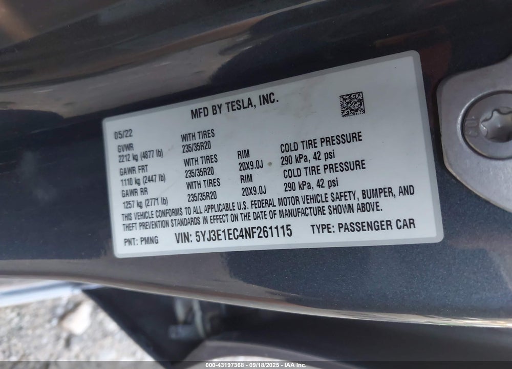2022 TESLA MODEL 3 VIN: 5YJ3E1EC4NF261115
