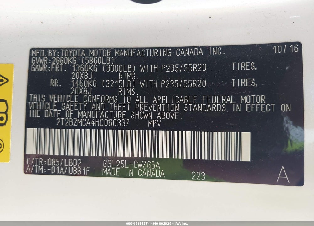 2017 LEXUS RX 350 VIN: 2T2BZMCA4HC060337