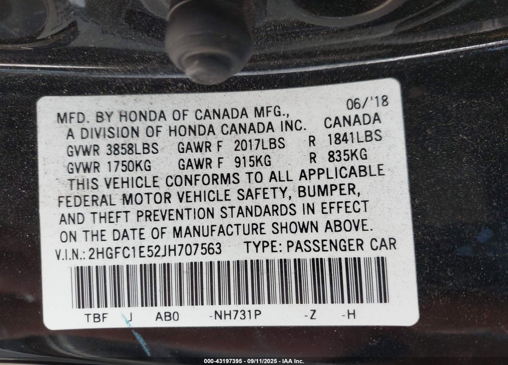 2018 HONDA CIVIC SI VIN: 2HGFC1E52JH707563