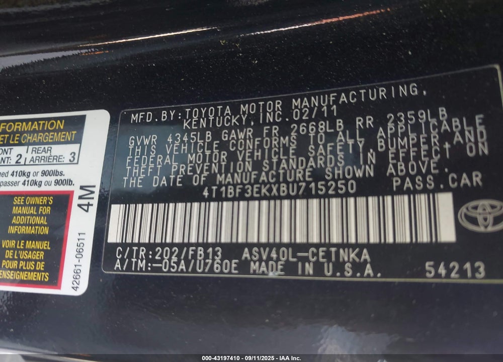 2011 TOYOTA CAMRY VIN: 4T1BF3EKXBU715250