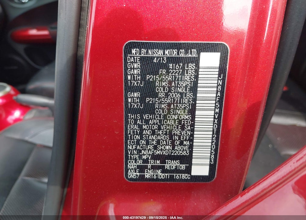 2013 NISSAN JUKE SL VIN: JN8AF5MVXDT220583