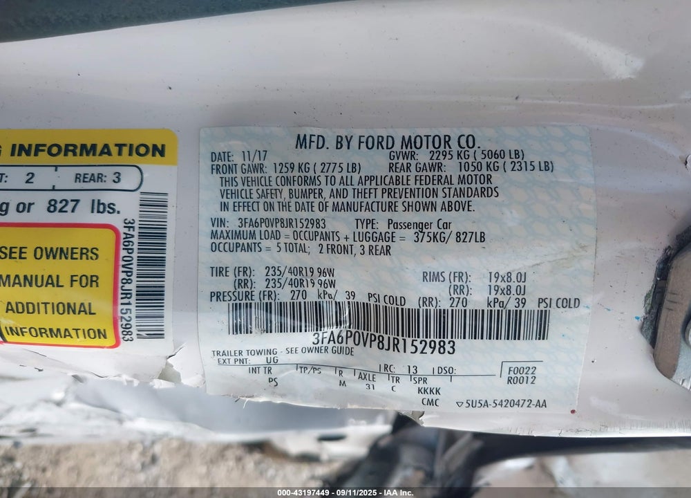 2018 FORD FUSION VIN: 3FA6P0VP8JR152983