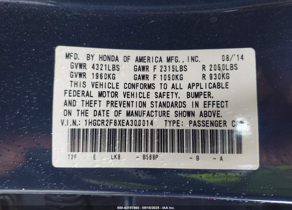 2014 HONDA ACCORD EX-L VIN: 1HGCR2F8XEA300014