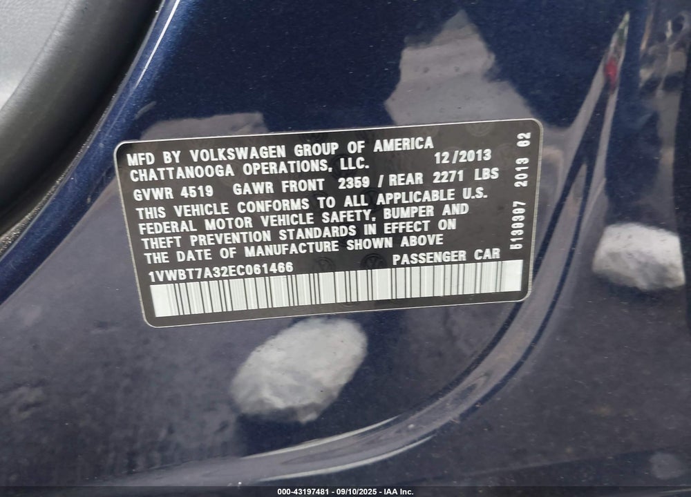 2014 VOLKSWAGEN PASSAT VIN: 1VWBT7A32EC061466