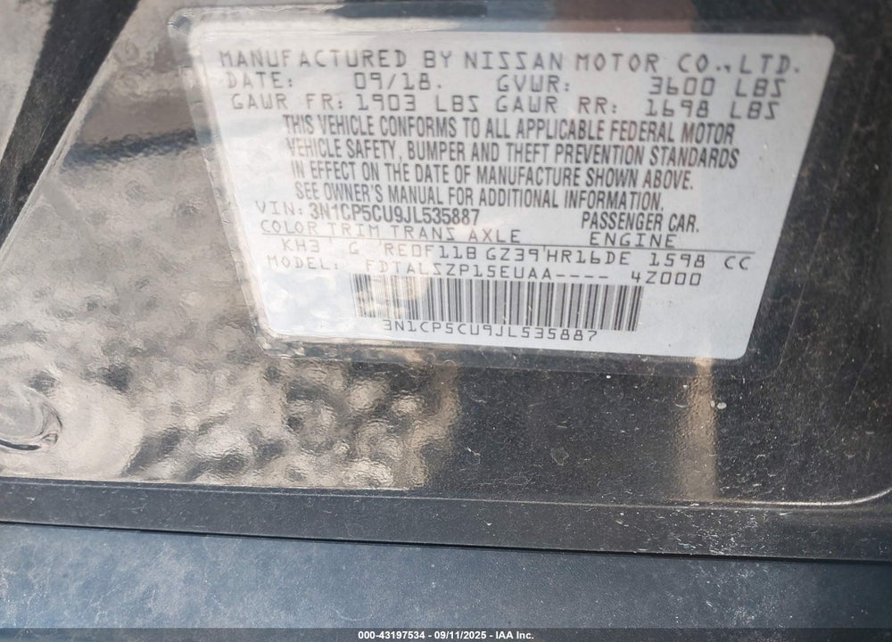 2018 NISSAN KICKS VIN: 3N1CP5CU9JL535887