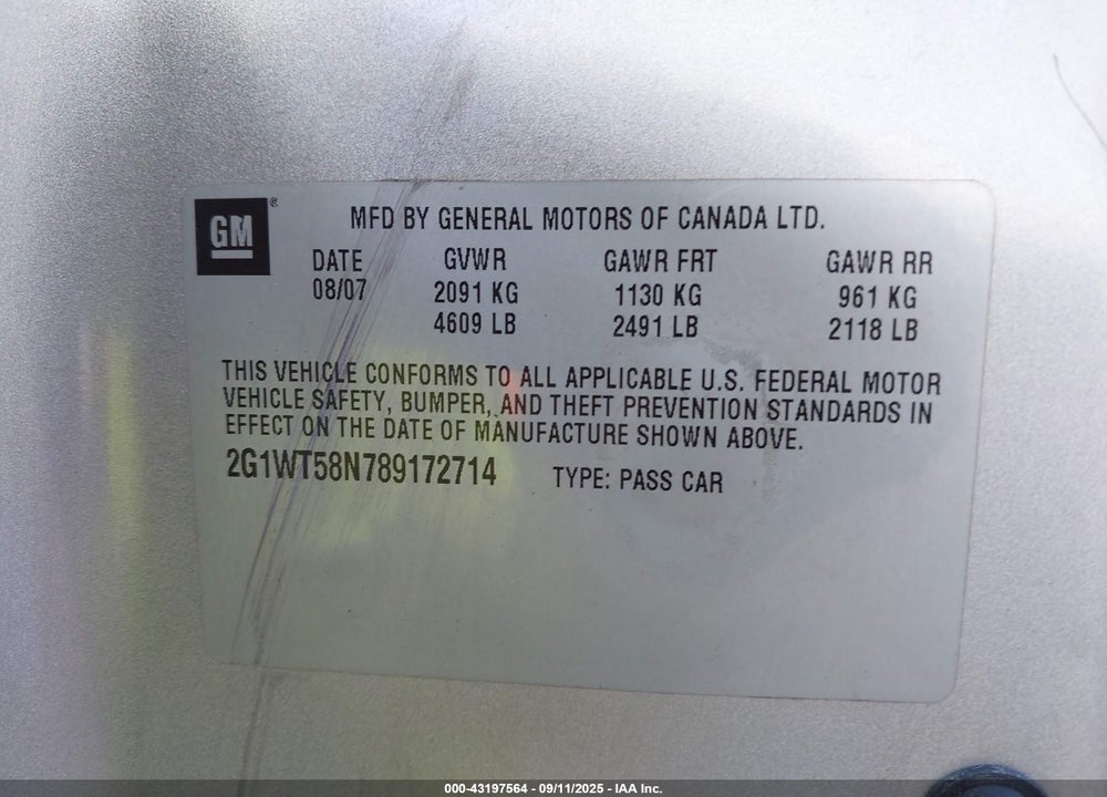 2008 CHEVROLET IMPALA LT VIN: 2G1WT58N789172714