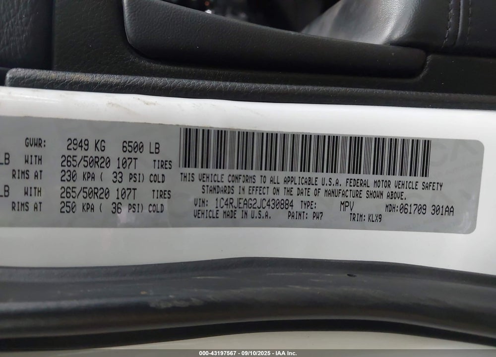 2018 JEEP GRAND CHEROKEE VIN: 1C4RJEAG2JC430884