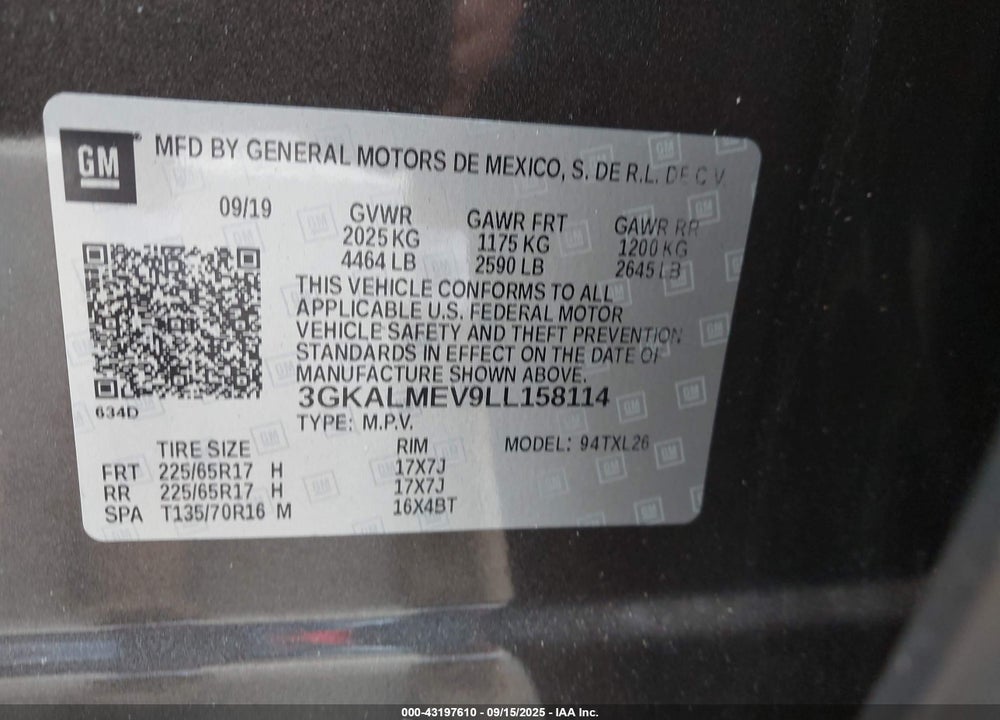 2020 GMC TERRAIN FWD SLE VIN: 3GKALMEV9LL158114