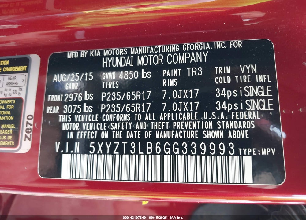 2016 HYUNDAI SANTA FE VIN: 5XYZT3LB6GG339993