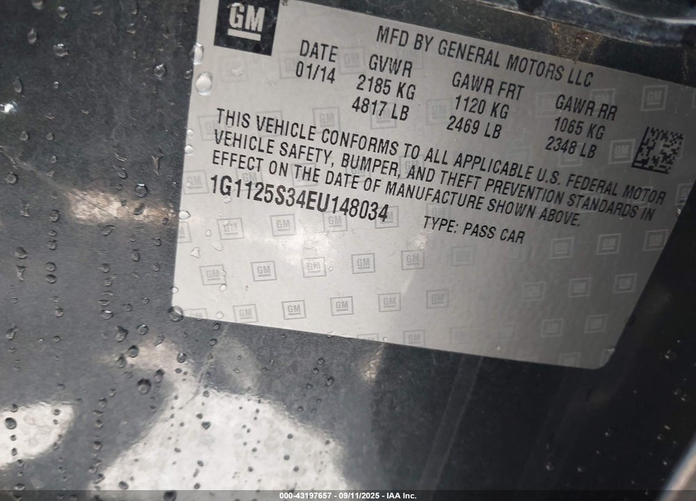2014 CHEVROLET IMPALA 2LT VIN: 1G1125S34EU148034